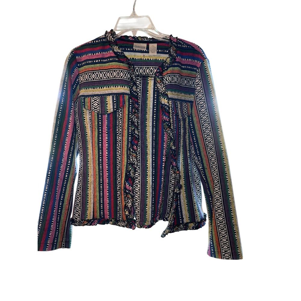 Chicos Multi Color Striped Ruffle Trim Woven Tapestry Open Front Jacket Size 0